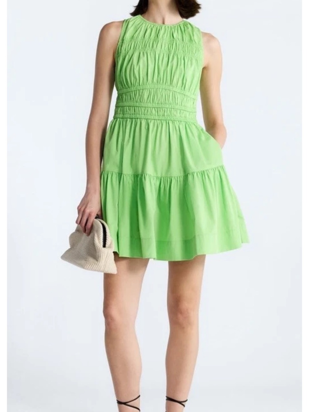 Free Assembly Women’s Sleeveless Smocked Cotton Drop Waist Mini Dress Green M